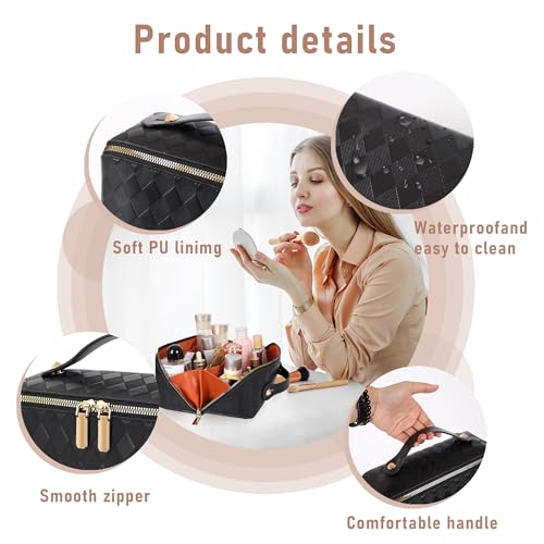ALEXTINA Travel Makeup Bag, PU Leather Cosmetic Bag, Black - color: diamond black, size: Medium