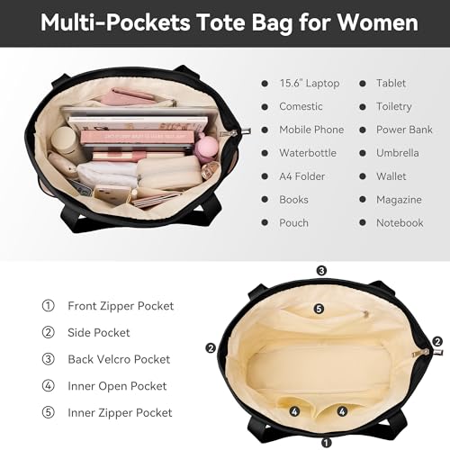 Tote Bag for Women, 18L Large Capacity Hobo Handbags with Zipper - color: Black, size: Medium