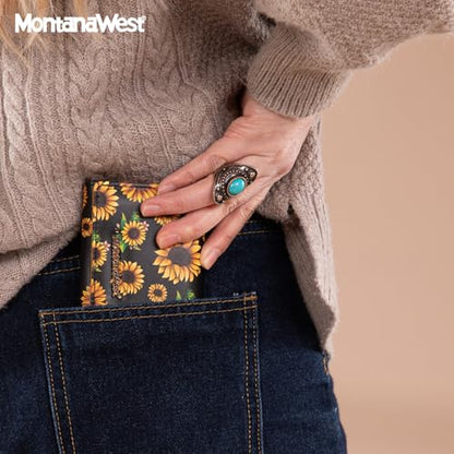 Montana West Small Wallets Woman RFID Blocking Wallet Trifold Pocket Wallet with ID Window - color: Z Black Sunflower