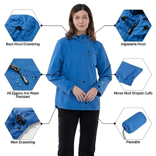 Outdoor Ventures Packable Rain Jacket Women Waterproof Raincoat with Hood - color: Dodger Blue, size: Medium