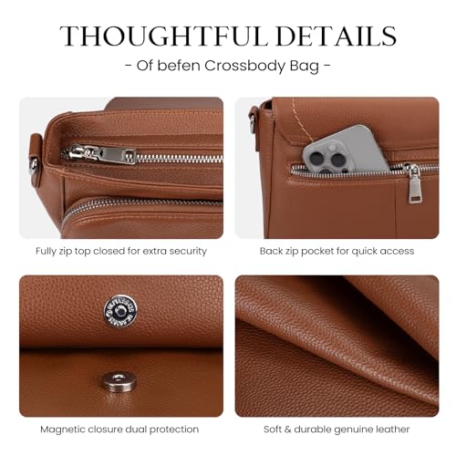 befen Genuine Leather Medium Crossbody Bags for Women Saddle Bag Purse - color: Cognac Brown