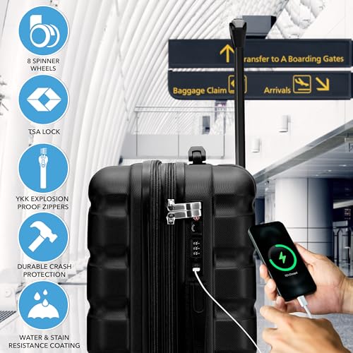 Flight Knight 24x16x10 Expandable Carry On Suitcase Hardside TSA Lock USB C Lightweight Luggage Silent Double Spinner Wheels Maximum Overhead Carry-On Bag For Virgin South West Approved Black - color: Black, size: 24x16x10"