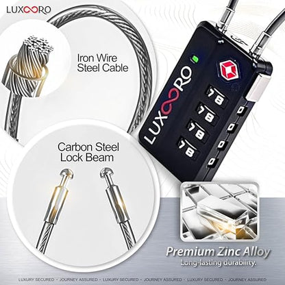 Tool-Less TSA Approved Luggage Lock with Alert Indicator, 4-Digit Resettable Combination, Durable Zinc Alloy Travel Locks for Suitcase, Backpack, Toolbox, Locker, Keyless – Black (2 Pack)