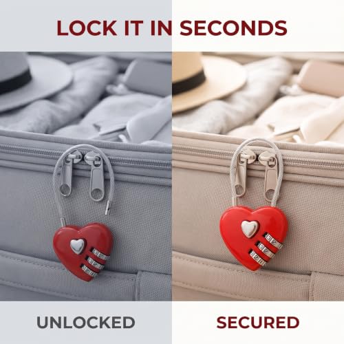 4Pcs Red Mini Love Heart Lock Heart Padlock, Mini Code Lock, Wire Rope 3-Digit Code Combination Padlock for Travel Bags/Suitcase/Lockers/Backpacks/Jewelry Boxes Combination Locks