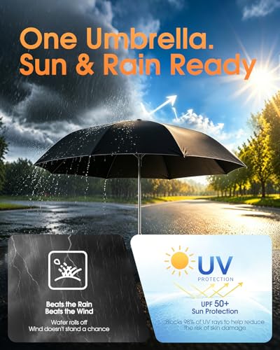 Windproof Travel Umbrella for Rain, Withstand 85MPH Winds, 52 Inch Automatic Reverse Fold Umbrellas Easy Auto Open Close, Portable Compact Umbrella Includes Cover Bag, Perfect for Travel, Car, Commute, Women Men, Backpack - color: UV Beige