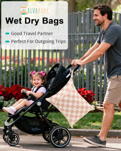ALVABABY 3 Pack Wet Dry Bags for Cloth Diapers, Swimsuits & Gym Clothes, Waterproof Reusable Baby Diaper Bag with 2-Zippered Compartments, Hanging Strap, Machine Washable, Small/Medium/Large for Dayca - color: Beige grid