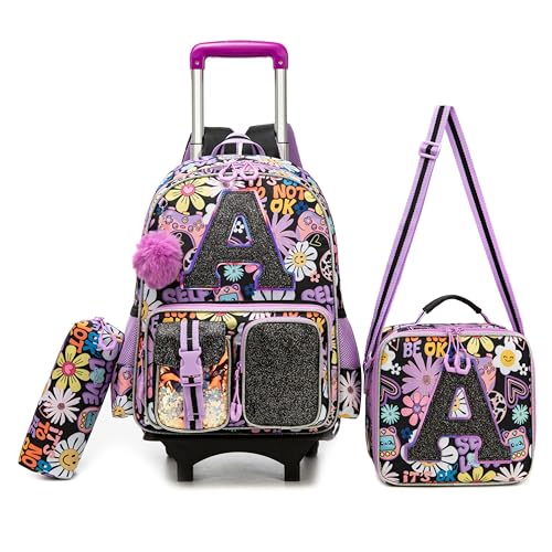 Meetbelify 3 in 1 Backpack with Wheels for Girls Rolling Letter Backpack Cute Carry on Backpack Kids Luggage with Lunch Box Pencil Case for Elementary Student - color: Black Flower