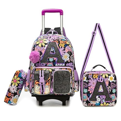 Meetbelify 3 in 1 Backpack with Wheels for Girls Rolling Letter Backpack Cute Carry on Backpack Kids Luggage with Lunch Box Pencil Case for Elementary Student - color: Black Flower