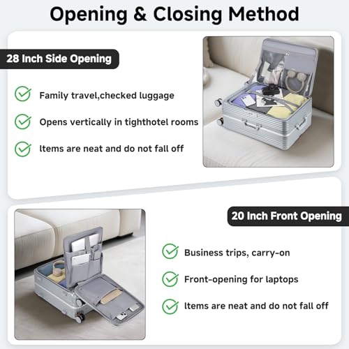 Somago Lightweight 2 Piece Luggage Set, 20" Front Opening 28" Side Opening with Cup Holder Spinner Wheels with Brake and USB Charging 100% PC Hardshell Suitcase with TSA Lock,Silver - color: Silver, size: 2-Piece Set (20-Inch/28-Inch)