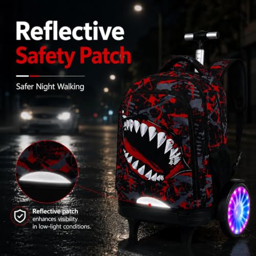 20 Inches Large Wheels Rolling Backpack for Boys with Light Up, 3Pcs Kids Graffiti Shark Wheeled Backpack Set for Elementary School (Red) - color: BigMouth-Red (Large Wheel)