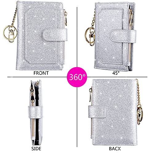 Womens Wallets RFID Small Compact Bifold Leather Card Holder Zip Pocket - color: Glitter Silver