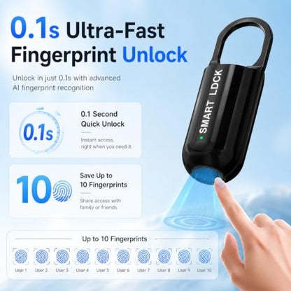 Smart Fingerprint Padlock for Locker, Small Rechargeable Fingerprint Lock, Keyless Biometric Thumbprint Padlock for Gym School Locker, Suitcase, Backpack - color: Black