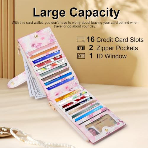 Travelambo Womens Leather Bifold Wallet, Slim RFID Blocking Card Holder - color: Pink Flower