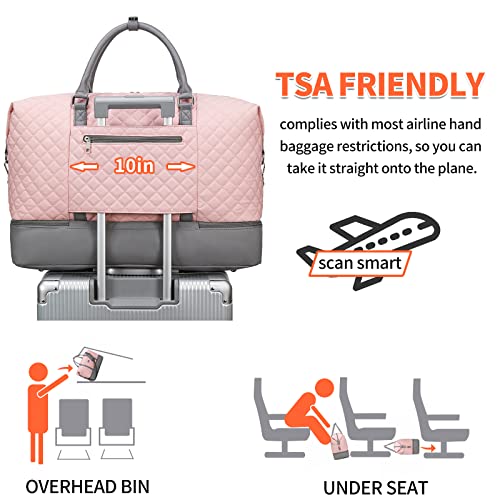 Weekender Bag, Large Travel Duffel Bag for Women, Carry on Overnight Bag with Shoe Compartment and Toiletry Bags - color: A-Pink