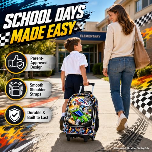 CCJPX Rolling Backpack for Boys, Kids Roller School Bag with Wheels Toddler Wheeled Bookbag Elementary - color: Red Green Race Car
