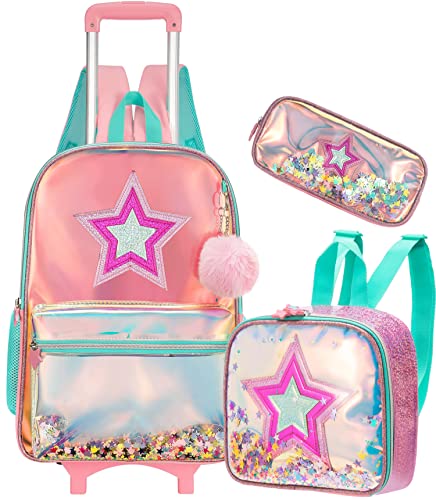 Meetbelify Girls Rolling Backpack Sequin Rolling Backpacks with Wheels for Girls for Elementary School Bag - color: Pink Star
