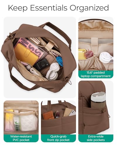 BAGSMART Gym Bag for Women, 2-PC Puffer Travel Duffle Bag Carry On Tote Bag - color: Coffee Brown