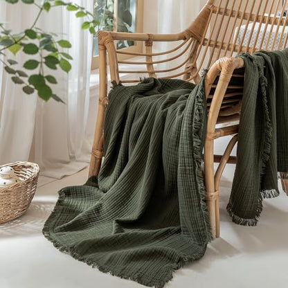 Muslin Fringe Blankets for Adults: 100% Cotton Cloud Soft - color: Olive Green, size: Throw (50" × 60")