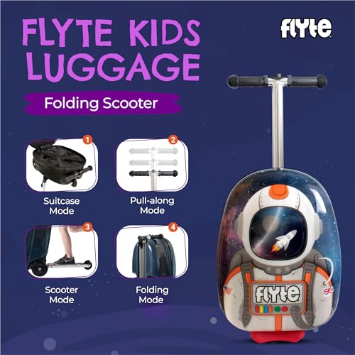 FLYTE Scooter Suitcase Folding Kids Luggage – Sammie the Spaceman, 18 Inch Hardshell, Ride On with Wheels, 2-in-1, 25 Litre Capacity - color: Sammie The Spaceman