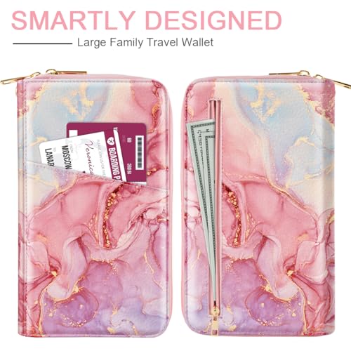 Family Passport Holder Wallet RFID Blocking Document Organizer - color: Red Marble