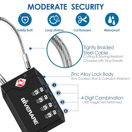 2 Pack TSA Approved Travel Luggage Locks, 4-Digit Cable Combination Suitcase Lock, Metal Alloy Padlocks, Weatherproof Padlock for Locker, Bag, Gun Case, Backpack, Anti Theft, Easy Read Dials-Black