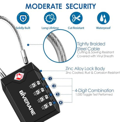 2 Pack TSA Approved Travel Luggage Locks, 4-Digit Cable Combination Suitcase Lock, Metal Alloy Padlocks, Weatherproof Padlock for Locker, Bag, Gun Case, Backpack, Anti Theft, Easy Read Dials-Black
