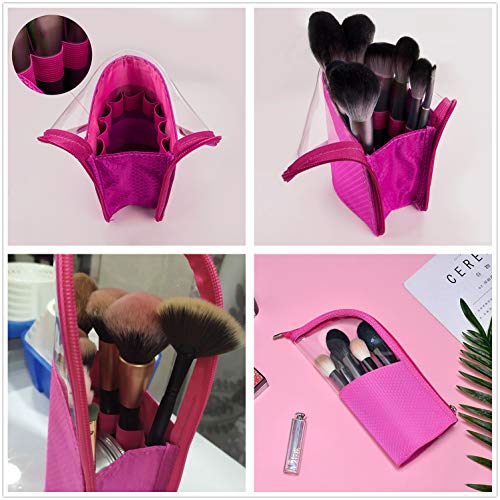 Travel Make-up Brush Holder Organizer Bag，Clear Plastic&Oxford Cosmetic Zippered Case，Portable Waterproof Stand-Up Makeup Brush Pouch (rose red) - color: rose red