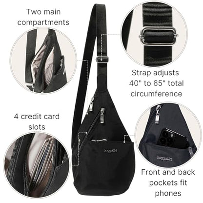 Baggallini Mini Sling - 12x7 Sling Crossbody Bag Backpack with Adjustable Shoulder Strap - color: Black/Sand