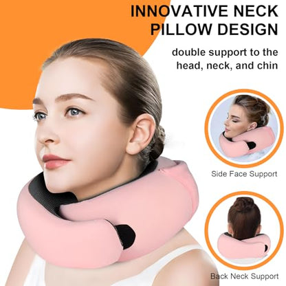 Travel Pillow and Blanket Set for Airplane, Hooded Memory Foam Neck Pillow - color: Pink