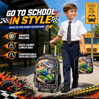 CCJPX Rolling Backpack for Boys, Kids Roller School Bag with Wheels Toddler Wheeled Bookbag Elementary - color: Red Green Race Car
