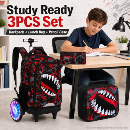 20 Inches Large Wheels Rolling Backpack for Boys with Light Up, 3Pcs Kids Graffiti Shark Wheeled Backpack Set for Elementary School (Red) - color: BigMouth-Red (Large Wheel)