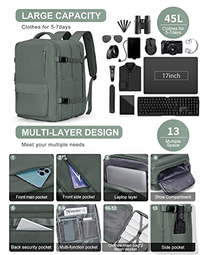 Large Travel Laptop Backpack, Expandable Flight Approved Backpack, Carry on Backpack for Women, Waterproof 17inch Laptop Hiking Backpack with Shoe Compartment, Dark Green - color: A17-darkgreen, size: XL Plus
