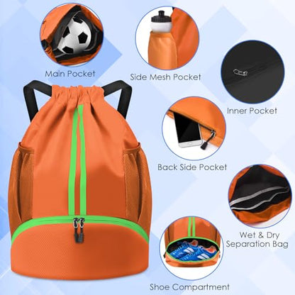 BROTOU Soccer Bags, Football Backpack, Volleyball Bag, Drawstring Backpack - color: Orange Yellow