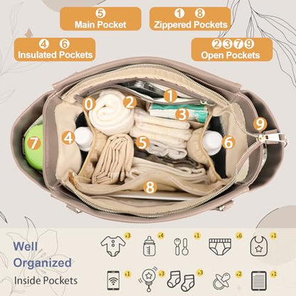 miss fong Checkered Diaper Bag Tote Leather Diaper Bag Backpack, Large Capacity Mommy Bag Hospital Bag, 12 Pockets Travel Diaper Tote with Changing Pad for Mom Plaid Tote Bag for Women-Beige&Honey - color: Beige&honey