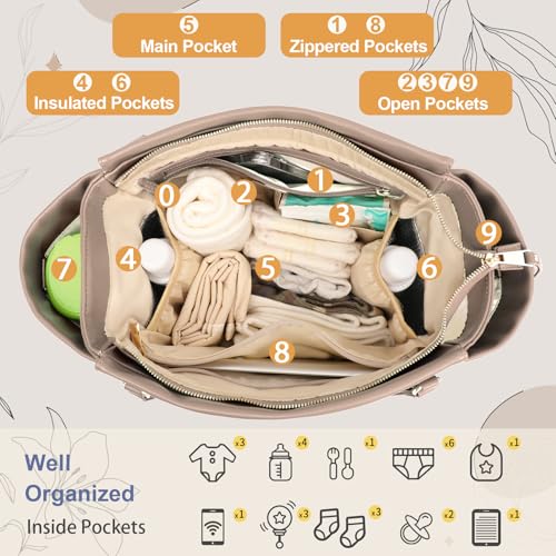 miss fong Checkered Diaper Bag Tote Leather Diaper Bag Backpack, Large Capacity Mommy Bag Hospital Bag, 12 Pockets Travel Diaper Tote with Changing Pad for Mom Plaid Tote Bag for Women-Beige&Honey - color: Beige&honey