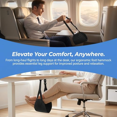 CALLARON Portable Foot Rest for Airplane Travel Adjustable Foot Hammock with Padded Support Foldable Travel Accessory for Office Footrests and Desk Leg Rest Includes Storage Bag