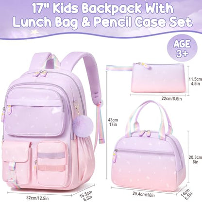 Fimibuke Backpacks for Girls, 3 PCS Gradient Kids Bookbag Set for School - color: purple pink