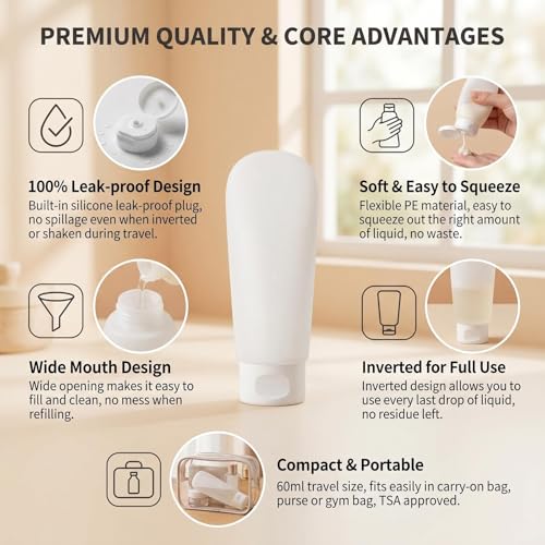 6 Pack 60ml/2oz Frosted Clear Travel Squeeze Tubes, PE Flip Cap Refillable Empty Toiletry Containers with Label Stickers for Toothpaste, Facial Cleanser, Hand Cream - size: 60ML/2oz