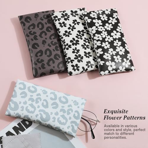 MoKo Squeeze Top Glasses Pouch, Portable Leather Soft Sunglasses Case Anti-Scratch Eyeglasses Bag Goggles Sleeve - color: Flowers Black & White, style: 2 Pack