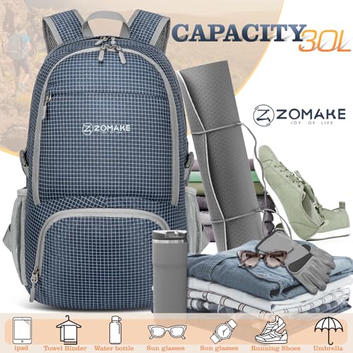 ZOMAKE Lightweight Packable Backpack 30L, Foldable Travel Hiking Daypack - color: B-plaid Royal Blue