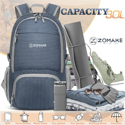 ZOMAKE Lightweight Packable Backpack 30L, Foldable Travel Hiking Daypack - color: B-plaid Royal Blue, size: 30L