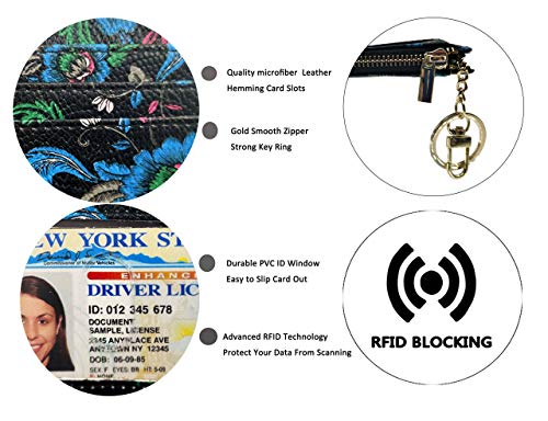 woogwin Slim RFID Credit Card Holder for Women Mini Front Pocket Wallet Purse With Keychain - color: FlowerBlack