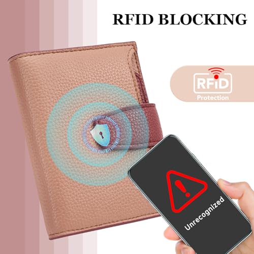 Airkit Small Wallet Women RFID Blocking Vegan Leather Bifold Compact Card Holder Wallet for Women with Zipper Coin Pocket 4 ID Window - color: Colorblock - Blush Pink/Red