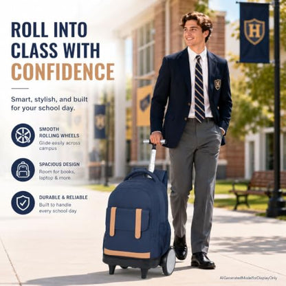 KLFVB Rolling Backpack for Men & Women with Big Quiet-Glide Wheels, 3-in-1 Wheeled Commuter Set with Lunch Bag | Water-Resistant Roller Bookbag for Work, School, Travel - Blue - color: Boys Rolling Backpack with Big Wheels - Blue