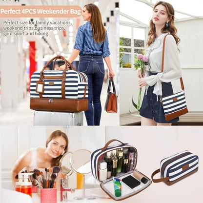 4PCS Weekender Bags for Women Large Overnight Weekend Travel Duffel Bags - color: Wide Blue White-CH