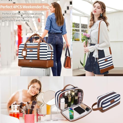4PCS Weekender Bags for Women Large Overnight Weekend Travel Duffel Bags - color: Wide Blue White-CH