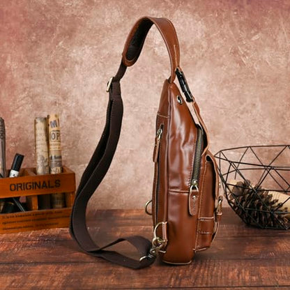Genuine Leather Hiking Travel DayPack Sling Crossbody Triangle Chest Pack Bag For Men Women 8241 (E-Brown 2) - color: E-brown 2