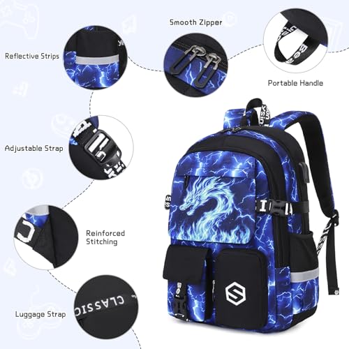 Scothen Boys Backpack, Cool Luminous Kids School Backpacks with Lunch Bag - color: Blue Dragon