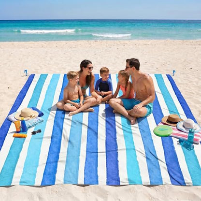 Blue Striped Beach Blanket, Large 79" x 83" Sandproof Waterproof Beach Mat - color: Blue Striped