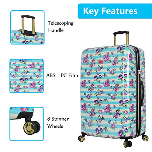 Betsey Johnson 30 Inch Checked Luggage Collection - Expandable Scratch Resistant (ABS + PC) Hardside Suitcase - Designer Lightweight Bag with 8-Rolling Spinner Wheels - color: Stripe Floral Hummingbird